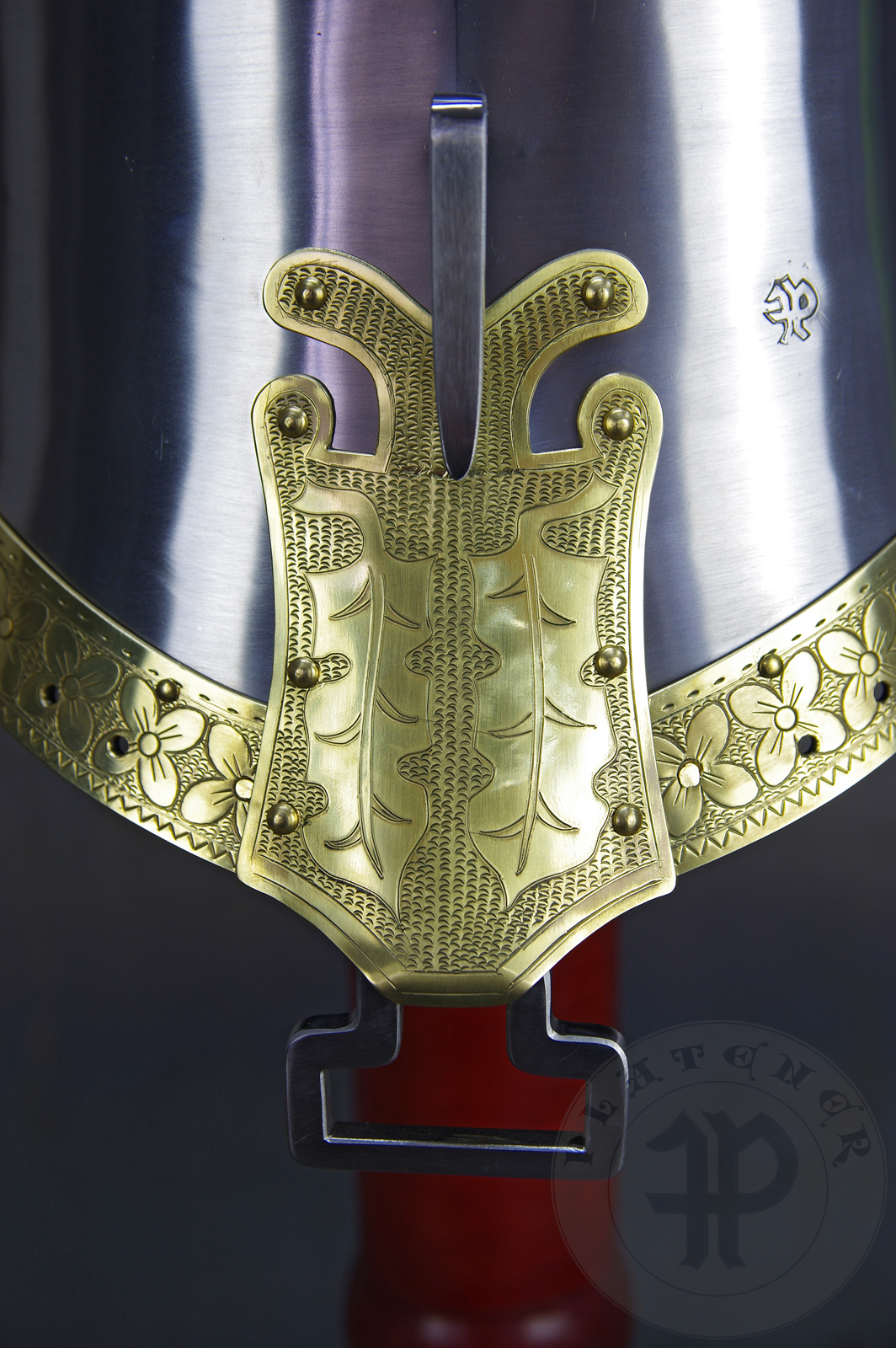 My interpretation of a tournament helm based on the Henry V helm - part of his funeral achievement from Westminster Abbey. It represents an early style of jousting helm dated for 1380-1420. It is composed of five primary plates: rear plate, brown plate, crown plate, face plate and monstrous thick reinforcing plate in front.