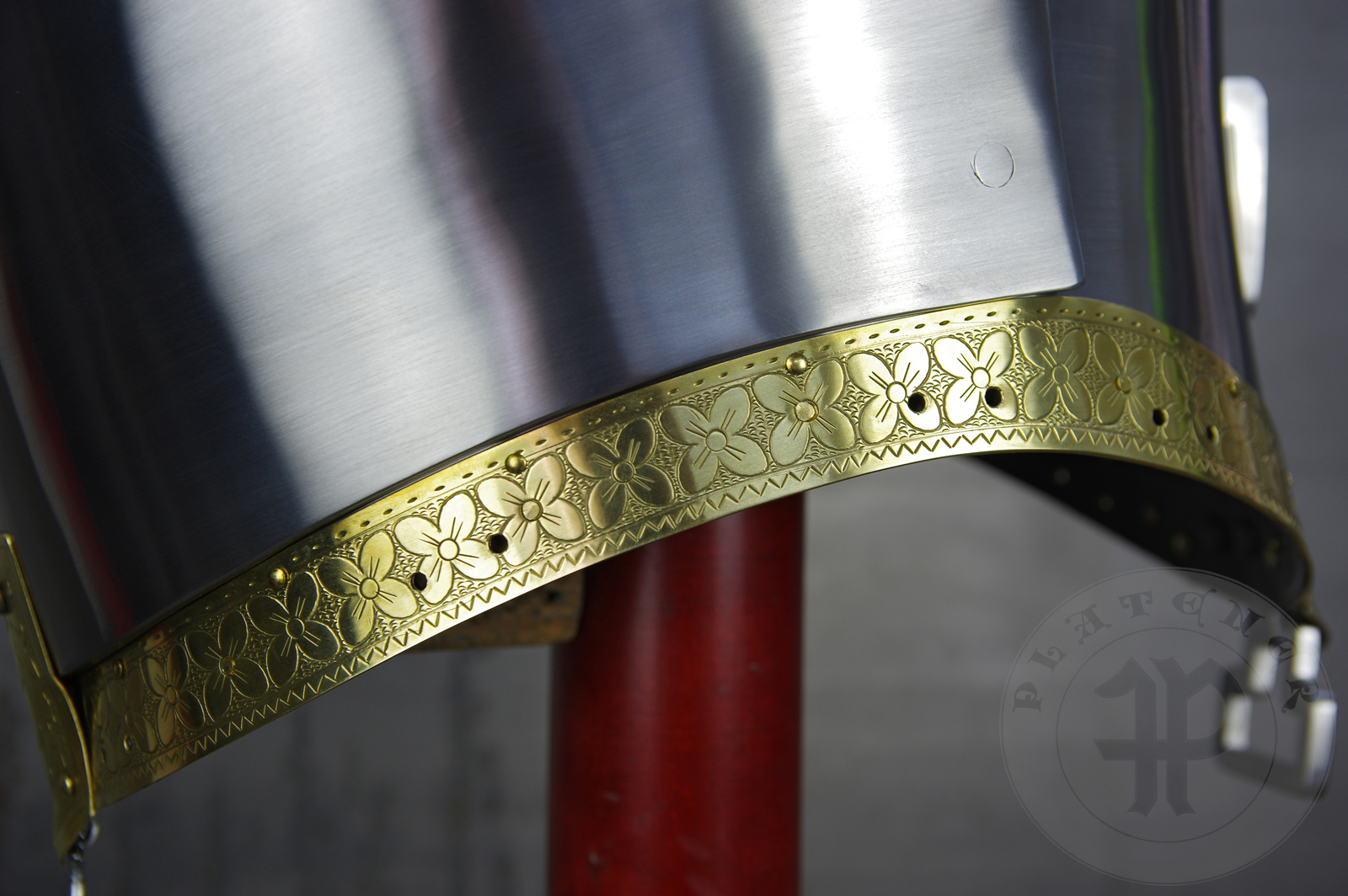 My interpretation of a tournament helm based on the Henry V helm - part of his funeral achievement from Westminster Abbey. It represents an early style of jousting helm dated for 1380-1420. It is composed of five primary plates: rear plate, brown plate, crown plate, face plate and monstrous thick reinforcing plate in front.