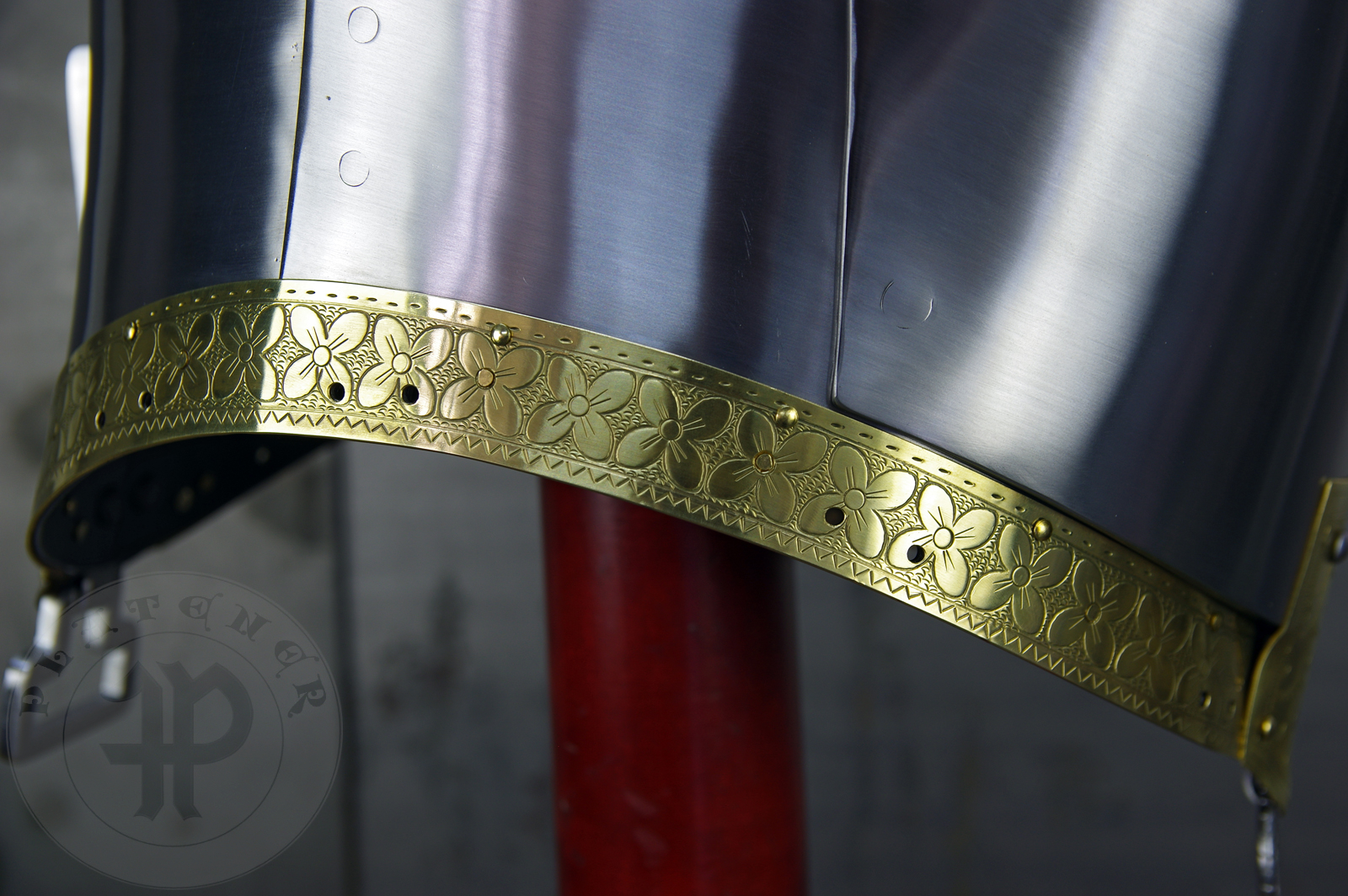 My interpretation of a tournament helm based on the Henry V helm - part of his funeral achievement from Westminster Abbey. It represents an early style of jousting helm dated for 1380-1420. It is composed of five primary plates: rear plate, brown plate, crown plate, face plate and monstrous thick reinforcing plate in front.