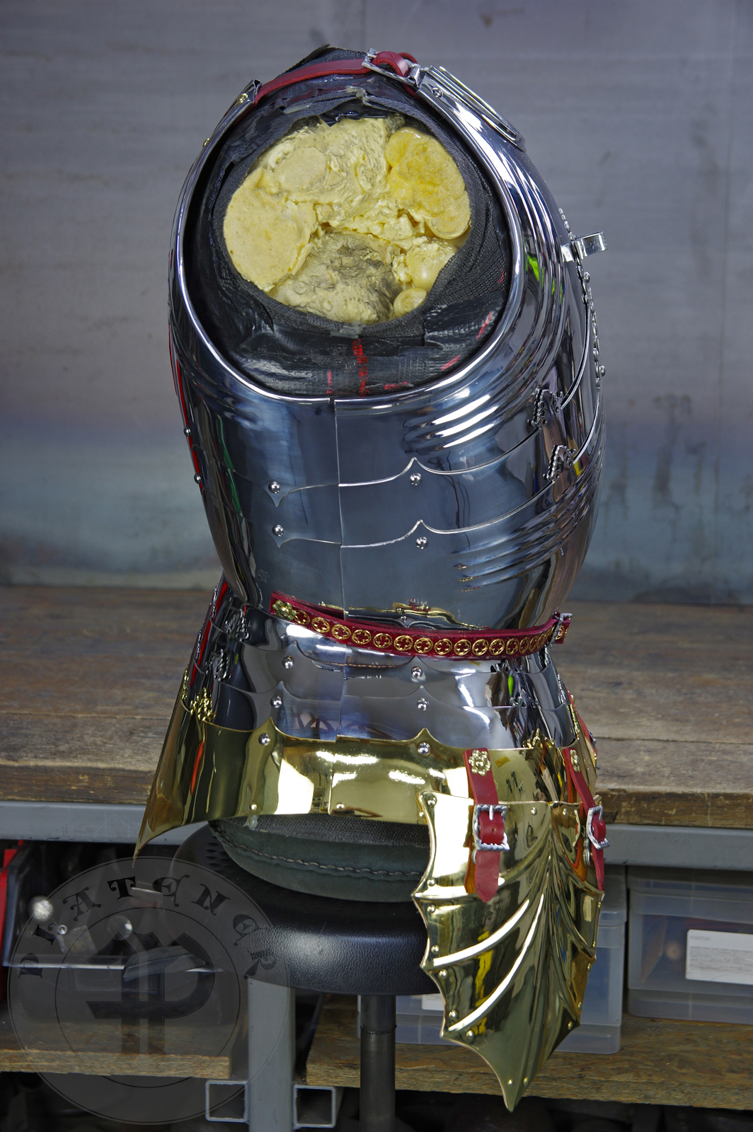 The high gothic set circa 1480-1485 in Helmschmied style consists of sallet, bevor and cuirass. They are made of steel in various thickness: 2 mm; 1,5 mm and 1,2 mm and heat hardened and tempered up to 42 HRC for cuirass with bevor and 38 HRC for sallet. The visor, lower lames and tassets are brass gilded. I also crafted handmade steel buckles for this set. Overall it involved around 850 of work hours to make it.