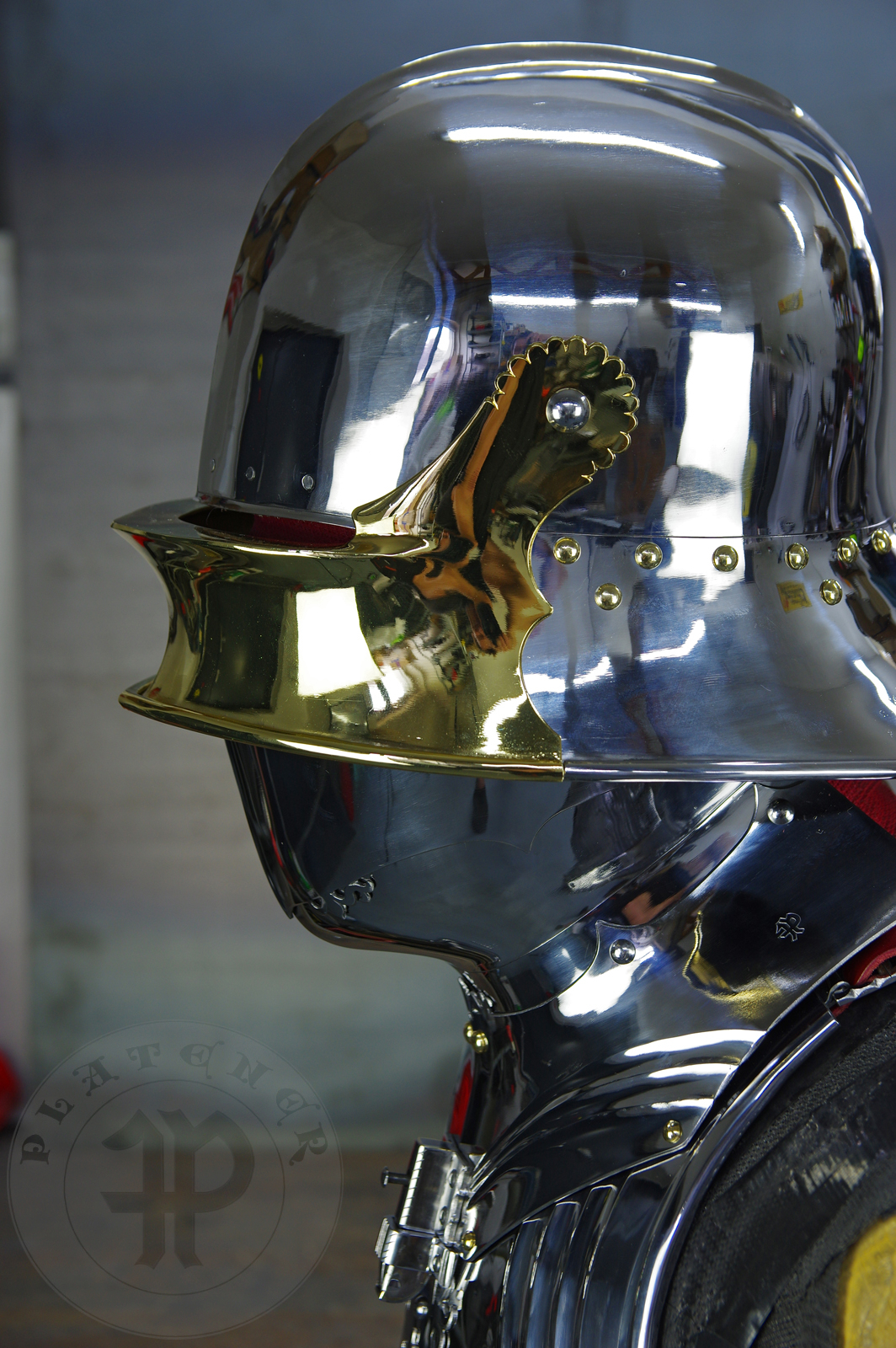 The high gothic set circa 1480-1485 in Helmschmied style consists of sallet, bevor and cuirass. They are made of steel in various thickness: 2 mm; 1,5 mm and 1,2 mm and heat hardened and tempered up to 42 HRC for cuirass with bevor and 38 HRC for sallet. The visor, lower lames and tassets are brass gilded. I also crafted handmade steel buckles for this set. Overall it involved around 850 of work hours to make it.