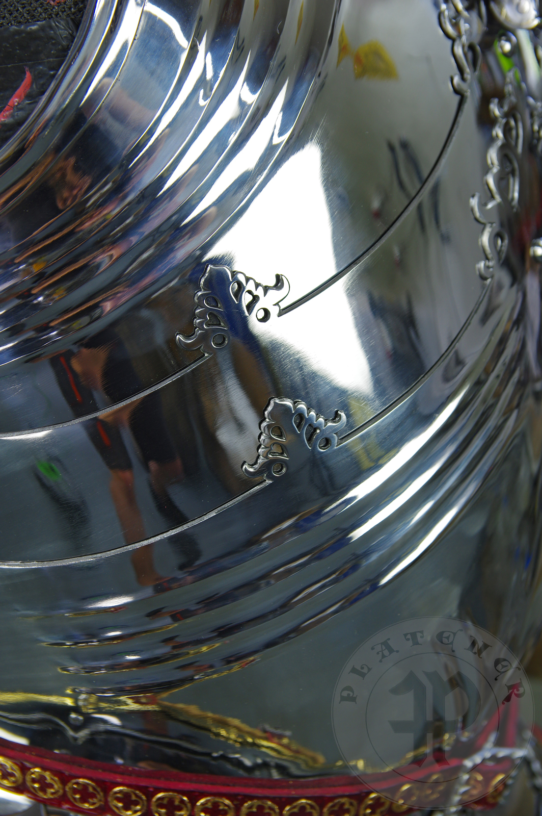 The high gothic set circa 1480-1485 in Helmschmied style consists of sallet, bevor and cuirass. They are made of steel in various thickness: 2 mm; 1,5 mm and 1,2 mm and heat hardened and tempered up to 42 HRC for cuirass with bevor and 38 HRC for sallet. The visor, lower lames and tassets are brass gilded. I also crafted handmade steel buckles for this set. Overall it involved around 850 of work hours to make it.